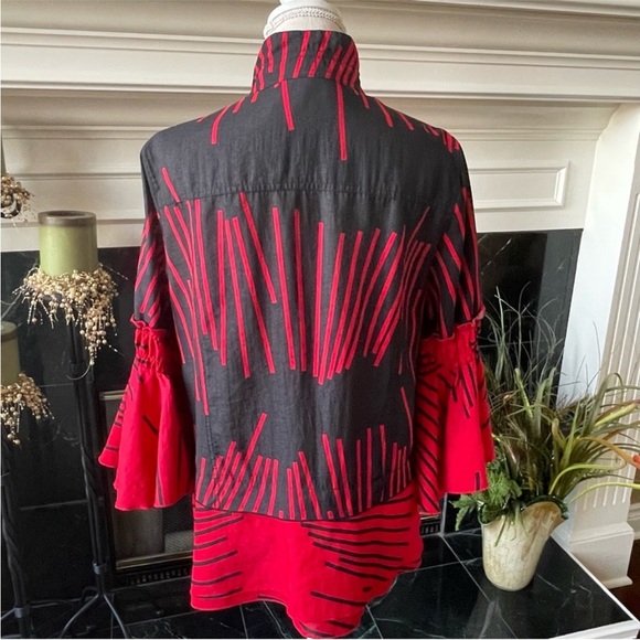 JOHN MARK RED BLACK TOP JACKET BUTTON FRONT FLARED SLEEVES VALENTINE’S DAY- Sz M - Picture 3 of 10